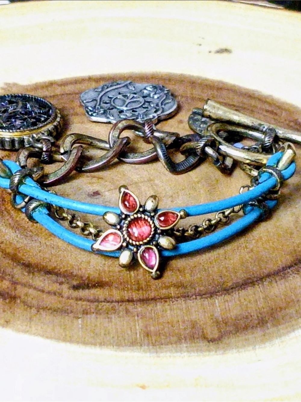 Lucky Brand Blue Cord Charm Bracelet Dragon Peace Sign Floral Mixed Metal